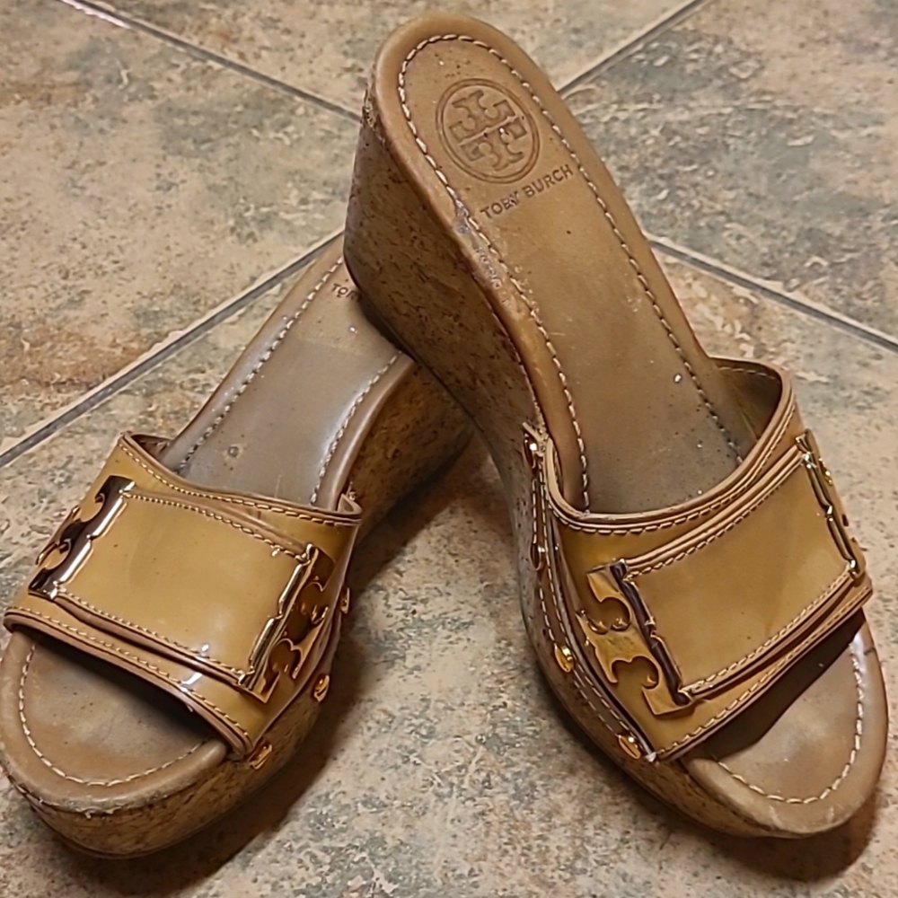 Tory Burch Tan Patent Leather Cork Wedge Sandals